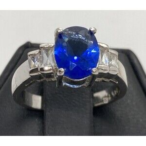 Vintage 925‎ FAS Oval Blue Glass & CZ Ring Size 6.75 Sterling Silver 925 Ring 3g